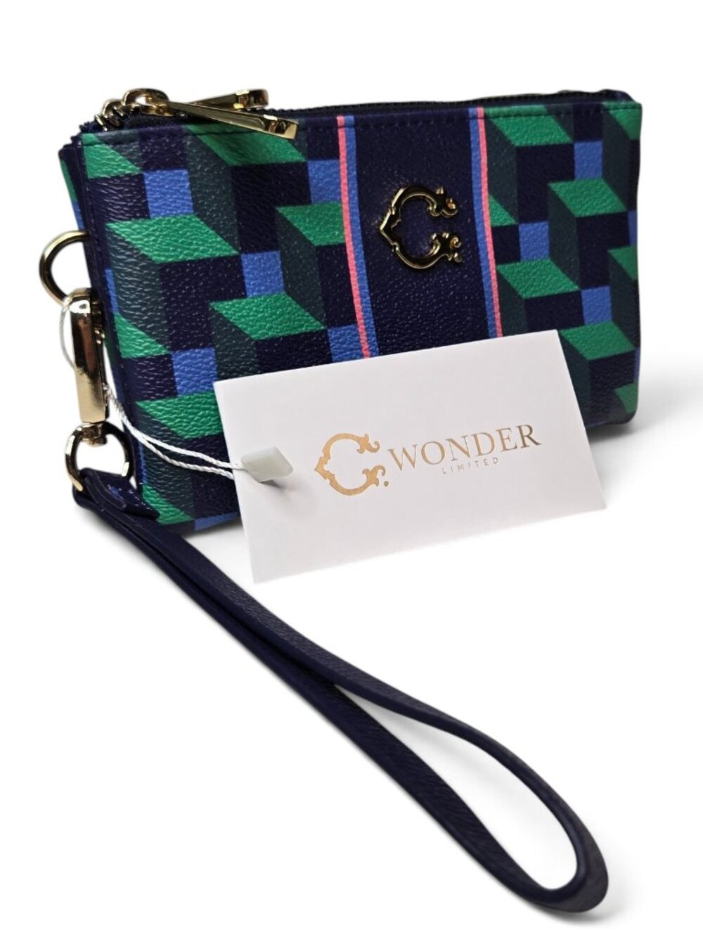NWT Wonder Double Zip Wristlet Nordic Building Block Geo Print